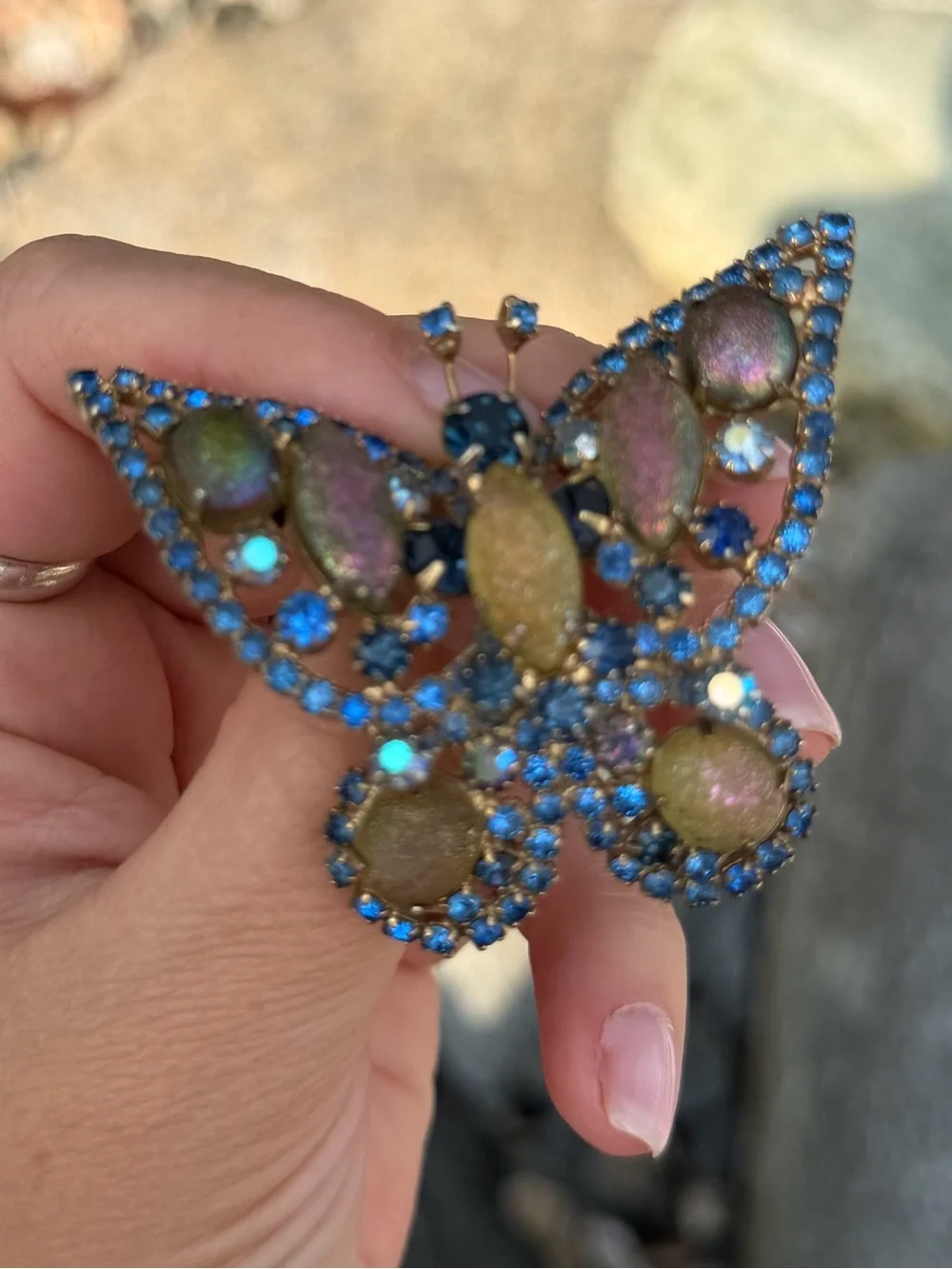 Vintage Blue Frosted Unique Crystal Butterfly Statement Brooch